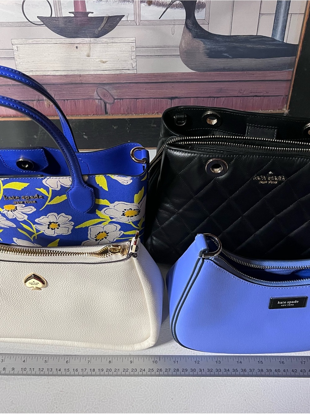 kate spade Blue Floral Tote with Black Quilted and Cream & Periwinkle Bags